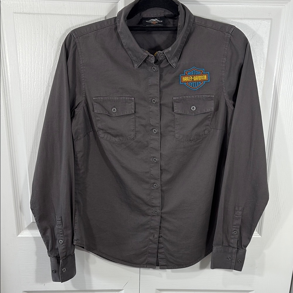 Harley-Davidson Charcoal Button Up Shirt Womens Motorcycle Biker Logo - Picture 3 of 9